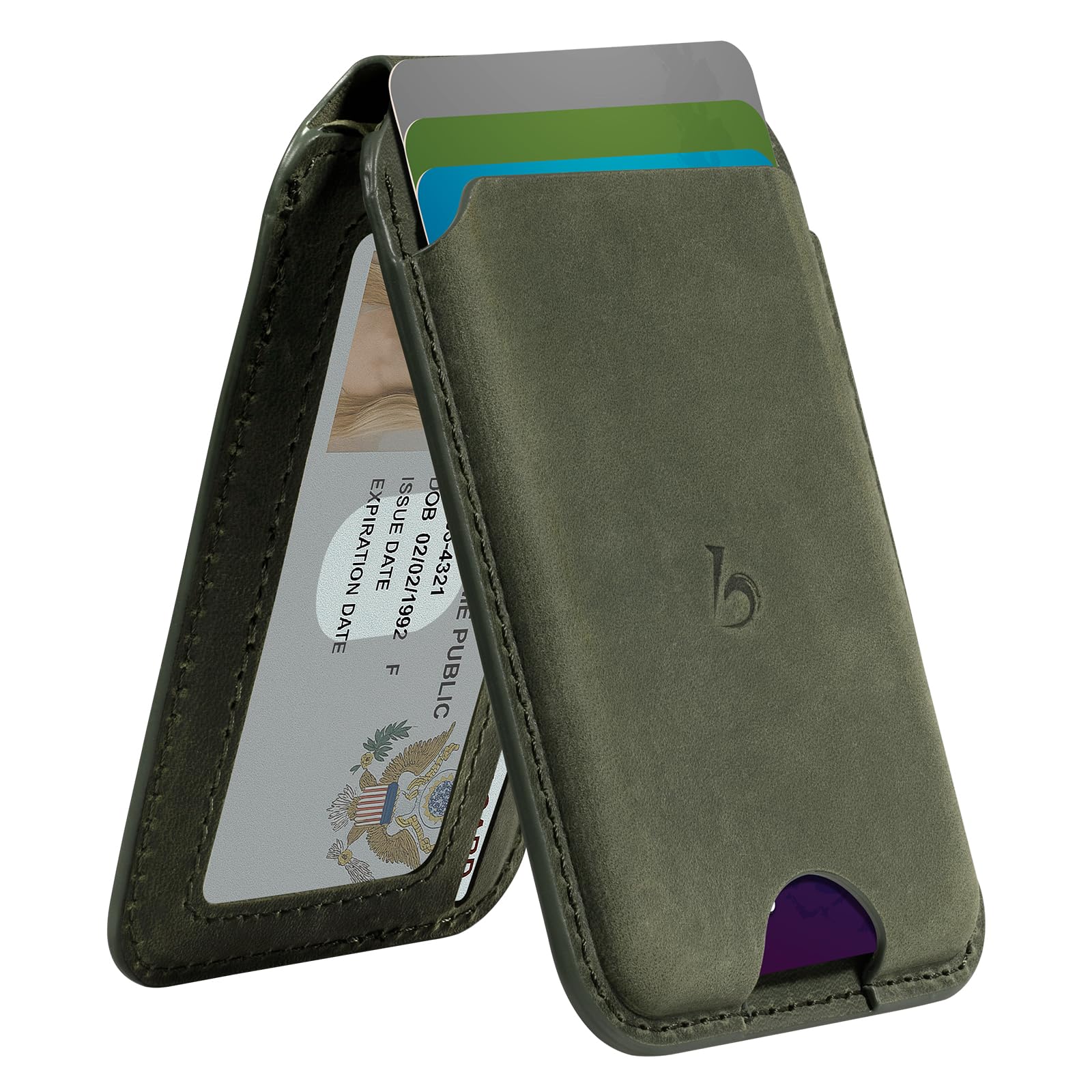 Belemay Strong Magnetic Wallet for MagSafe with Adjustable Stand, Crazy Horse Leather Card Holder, Up to 5 Cards, RFID Blocking, Slim for iPhone 17/16/15/14/13/12 Series Men & Women - Pine Green