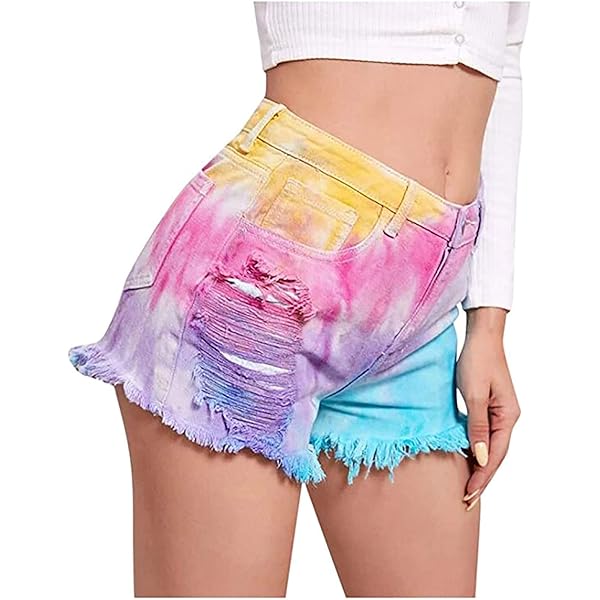 Womens Tie Dye Ripped Denim Shorts Y2K Frayed Jeans Shorts