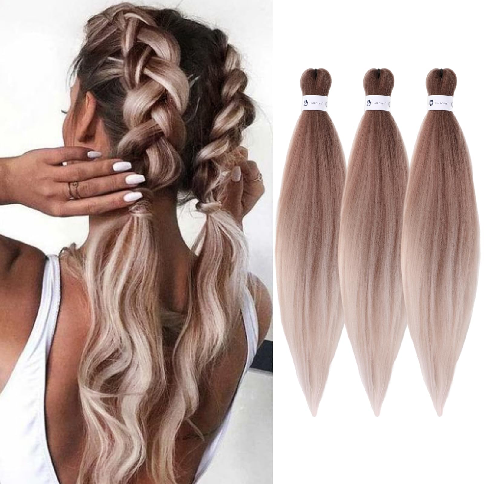 EMMOR Pre Stretched Braiding Hair 3 Packs Braid Crochet Hair 24 Inch Hot Water Setting Professional Soft Yaki Texture(Ombre Light Brown)