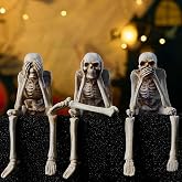 Skeleton Halloween Decorations Indoor, Home Decor for Fireplace Mantel | Set of 3 Resin Skeleton Shelf Sitters with Dangling Legs, Collectible Figurines