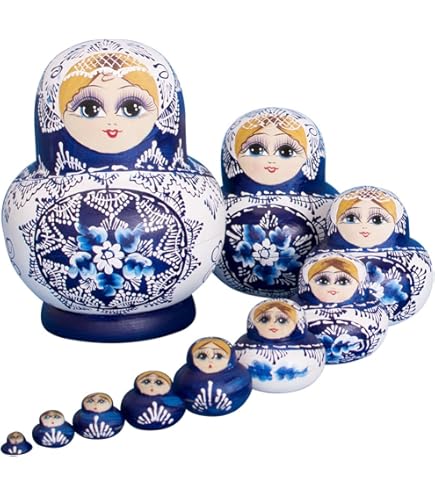 Lot De 7 Poupées Russes Matriochka Artisanales Signées - Thème Hiver Troïka 26.5cm