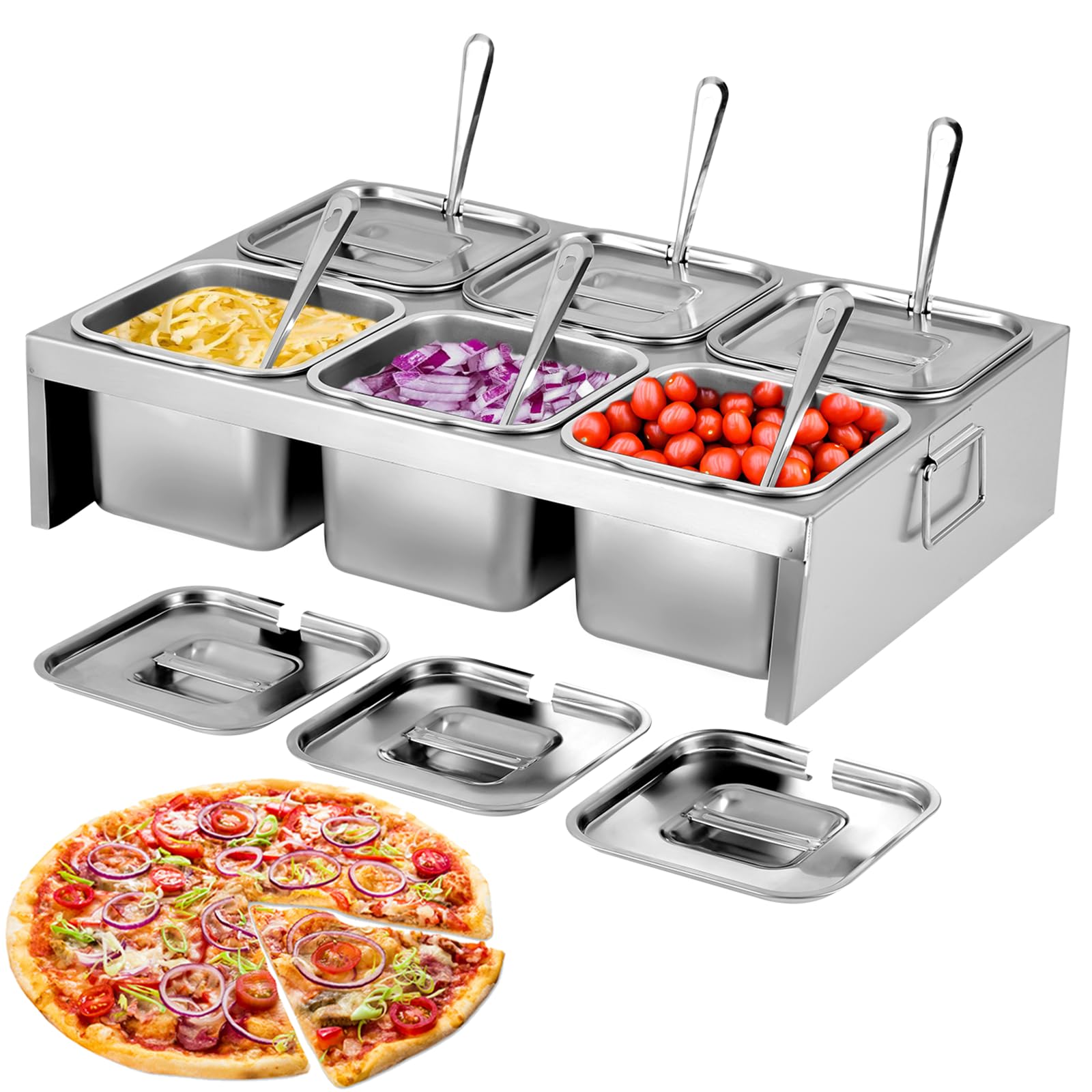 Photo 1 of Saladulce Pizza Topping Station 6x2L Pizza Topping Containers Stainless Steel Condiment Containers with Lids&Ladles, 6 Compartment Trays for Prepping Ingredients and Toppings, Pizza Oven Accessories