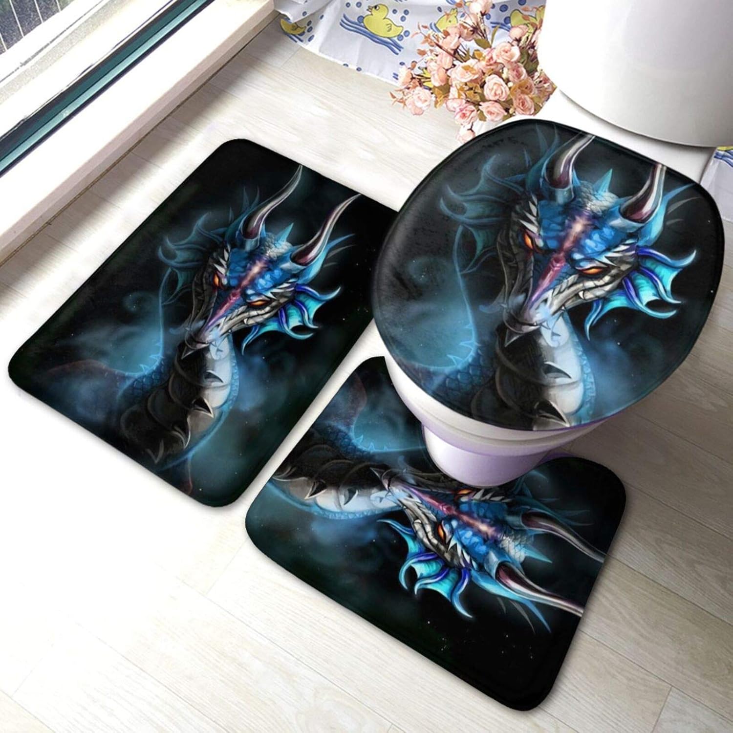 Bath Rug Set 3 Piece Blue Dragon Bathroom Rugs and Mats