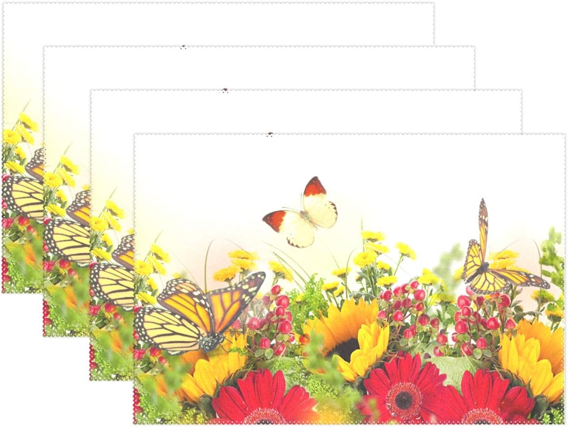 WIHVE Placemats Set of 6, Sunflower Holiday Non Slip Heat-Resistant Washable Polyester Table Place Mats for Kitchen Dining Table, 12" x 18"