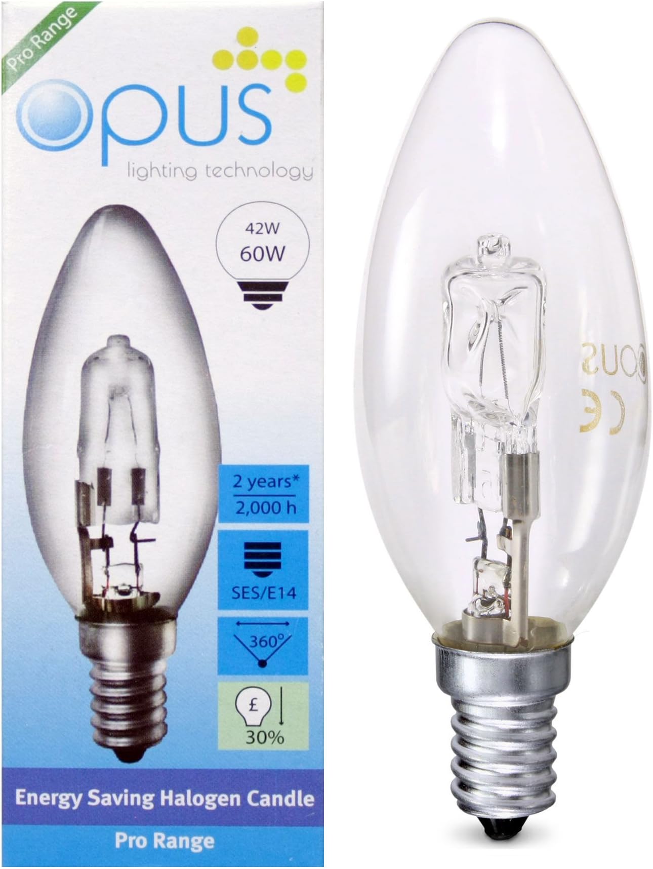 5 x Opus 42 watt = 60 watt Halogen Candle Light Bulb SES E14 Dimmable Energy Saving Lamps