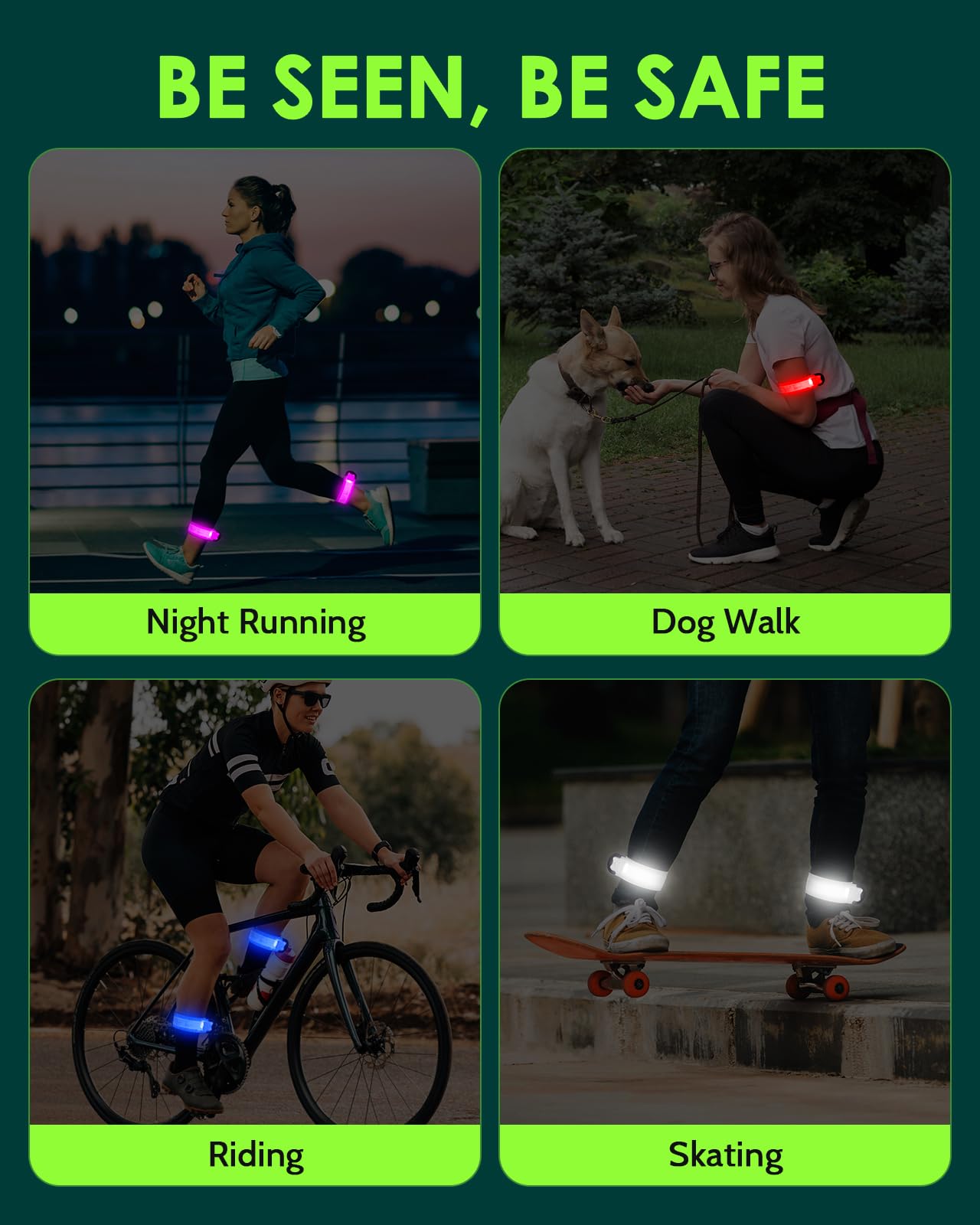 Fitense Rechargeable LED Armband 2-Pack, High Visibility Reflective Running Gear for Night Safety, 5 Colors & 3 Modes Light Up Armbands for Night Walking, Cycling, Running Gift for Women Men，White