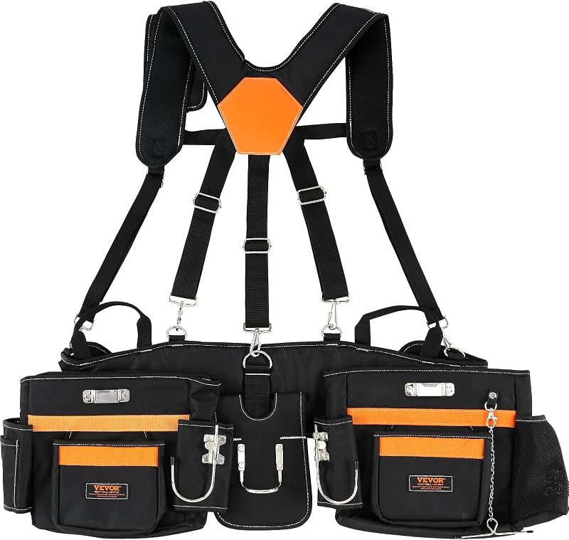 VEVOR Tool Belt with Suspenders 29 Pockets Heavy Duty 600D Polyester Black