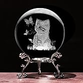 PYJ3DLAMP 3D Cat Crystal Ball with Stand Lase Engraved Glass Sphere Paperweight Cat Decor Gift