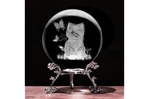 PYJ3DLAMP 3D Cat Crystal Ball with Stand Lase Engraved Glass Sphere Paperweight Cat Decor Gift