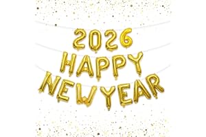 QIYEYEYE Happy New Year Balloons 2026, 16 Inch Gold Foil Balloons Set with Ribbon & Straw | Happy New Year Decorations 2026 | New Years Eve Party Supplies 2026 for Home, Indoor, Outdoor NYE Celebrations Favors