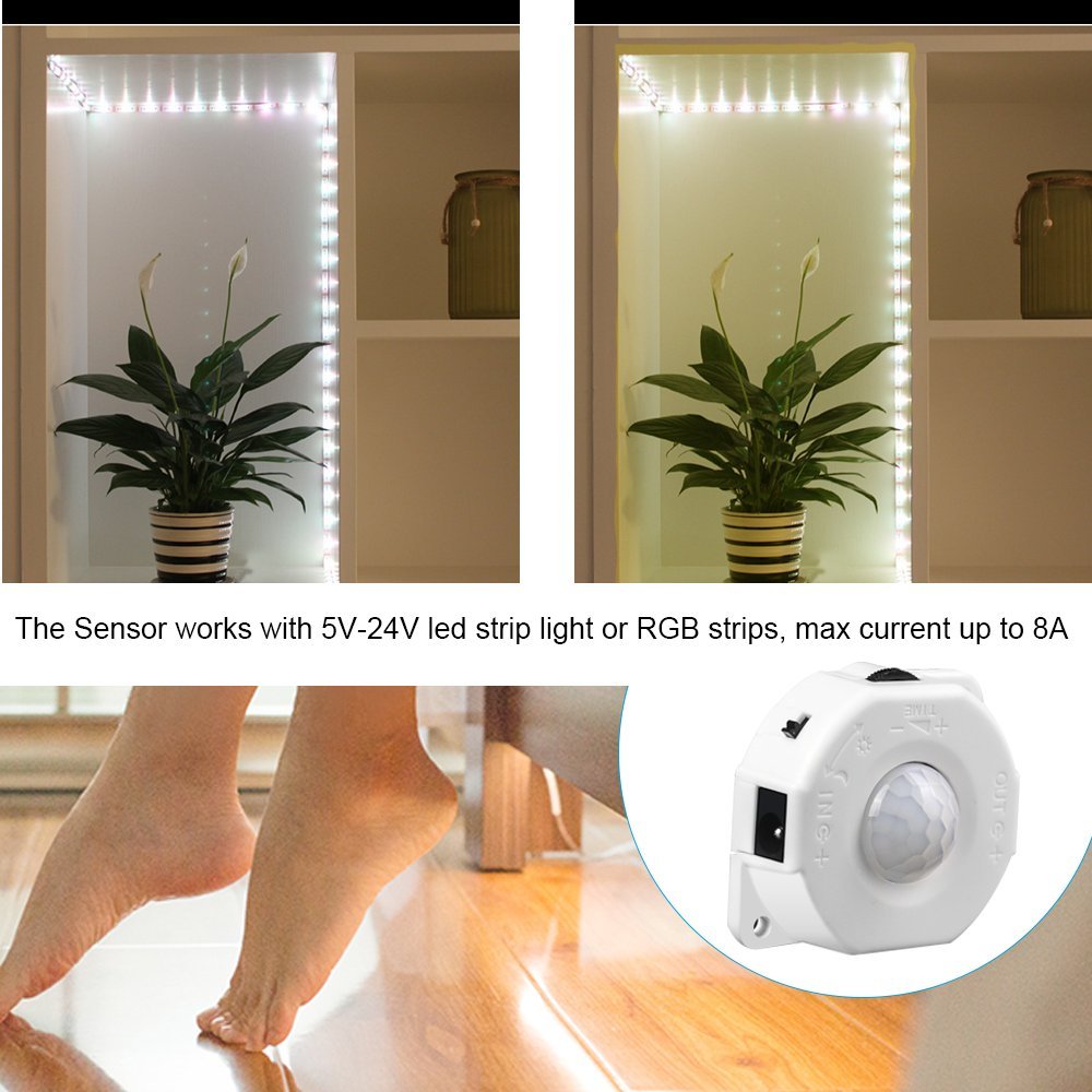 LUXJET DC 5V-24V 8A PIR Motion Activated Sensor Switch,Day/Night Light Sensor with DC Cable for LED Strip Light,RGB Rope Lights,Closet Lights Stair Lights Accessories