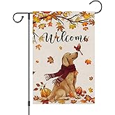 Welcome Fall Garden Flag 12 x 18 Inch Double Sided Burlap, Golden Retriever Dog Cardinal Yard Flags for Seasonal Thanksgiving Farmhouse Decoration(ONLY FLAG)