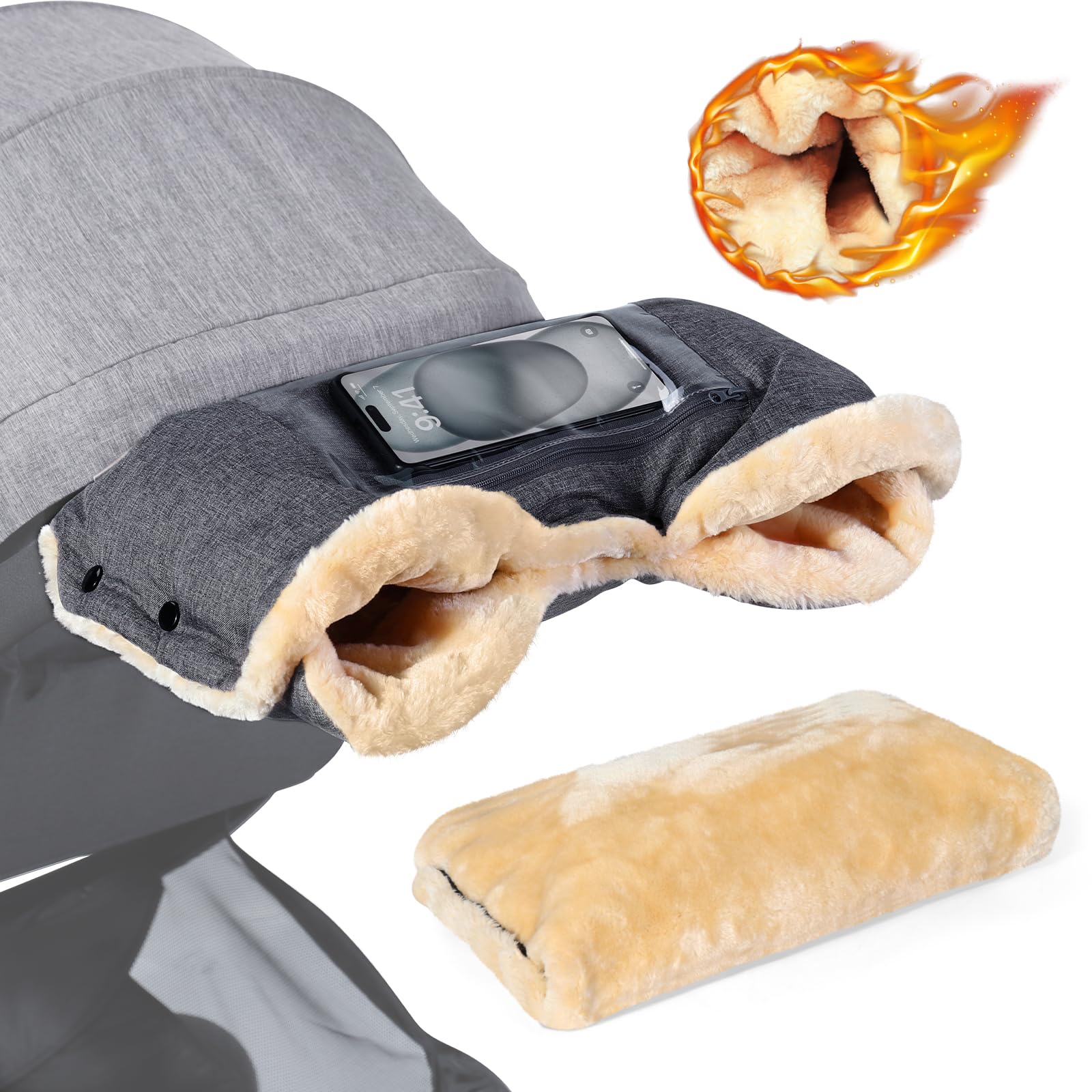 Orzbow Pram Gloves, Warm Pram Hand Muff with Faux Woolen Fleece, Pushchair Hand Muff with Phone Pocket, Weatherproof Fabric, Extreme Comfort, Tight Fit, Pram Gloves for Stroller in Winter, Dark Grey