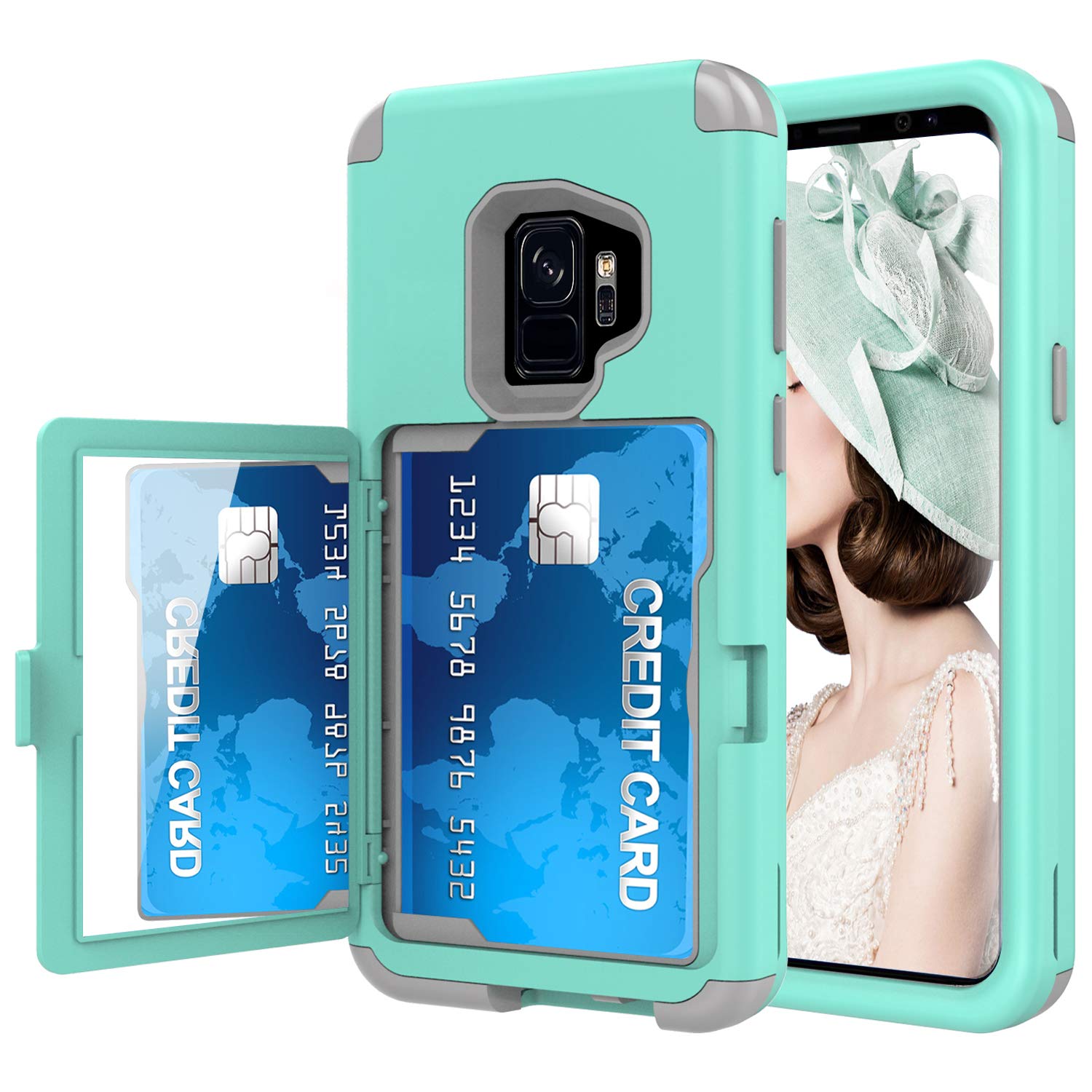 Sumsung Galaxy S9+ Plus Case, Acxlife Galaxy S9 Plus Case Shockproof Heavy-Duty Protective Hybrid Cover Card Slot Holder Opened Back Mirror & Kickstand Case for S9 Plus (2018) (s9plus_Card_Green)