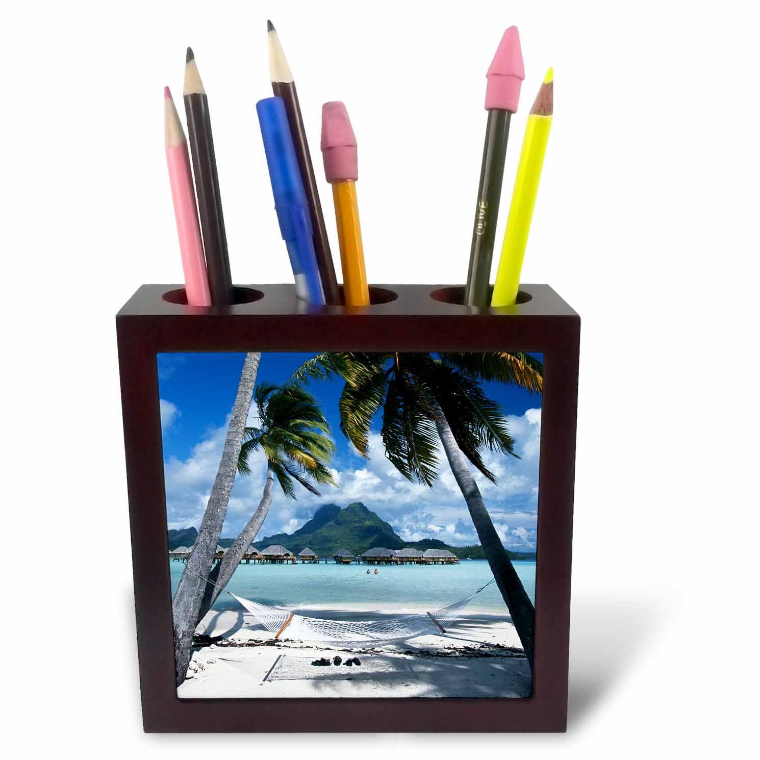 3dRose ph_228561_1 5-Inch "French Polynesia/Bora Bora/View of Beach Resort" Tile Pen Holder