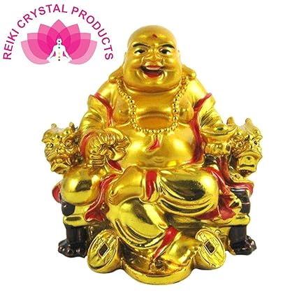 Reiki Crystal Products Feng Shui Laughing Buddha On Chair with Ingot and Money Coin for Health, Wealth and Happiness