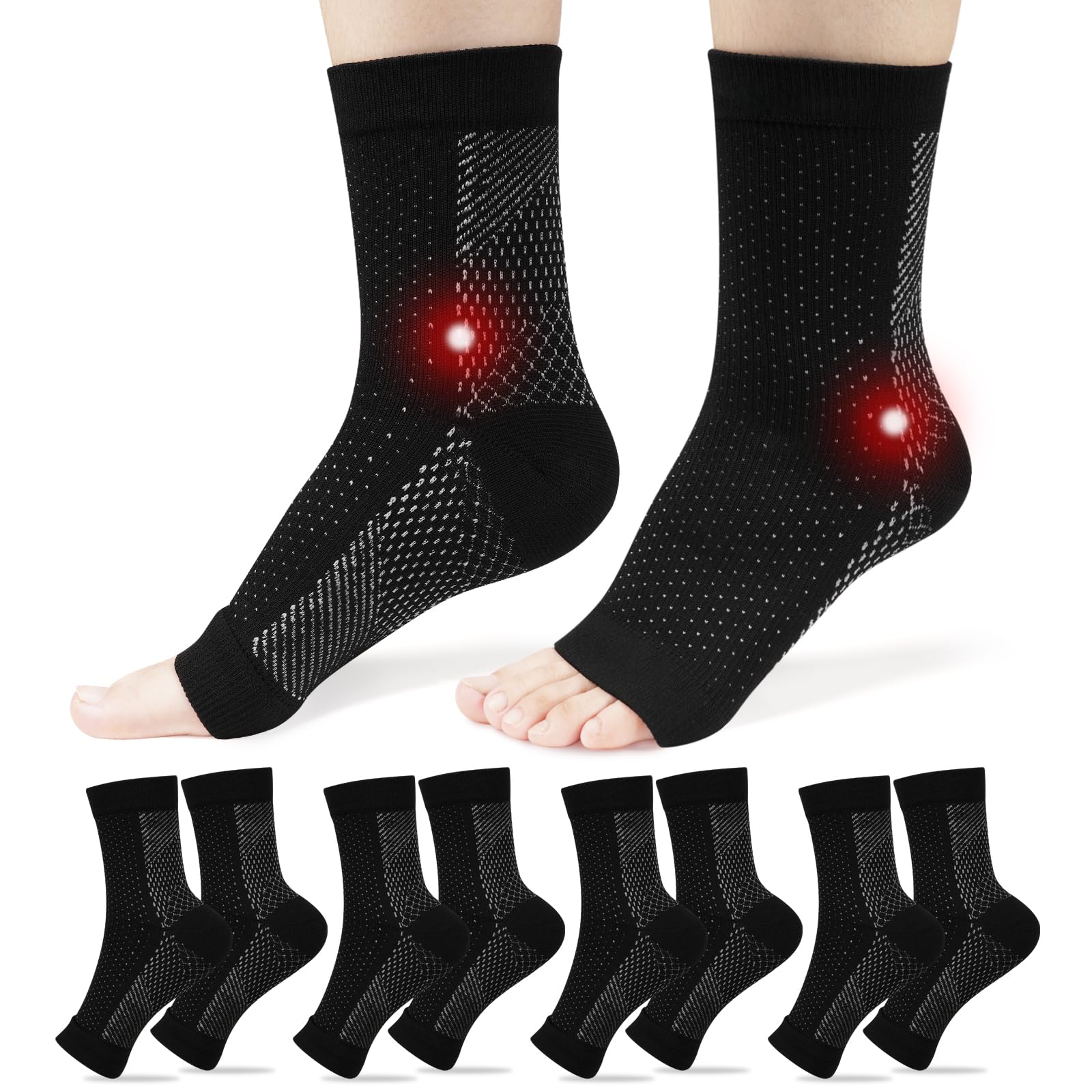 ACWOO Plantar Fasciitis Socks, 4 Pairs Neuropathy Socks Ankle Compression Socks for Women Men, Breathable Anti-Slip Ankle Support Brace Wide Calf Compression Socks for Pain Relief, Flying, Running