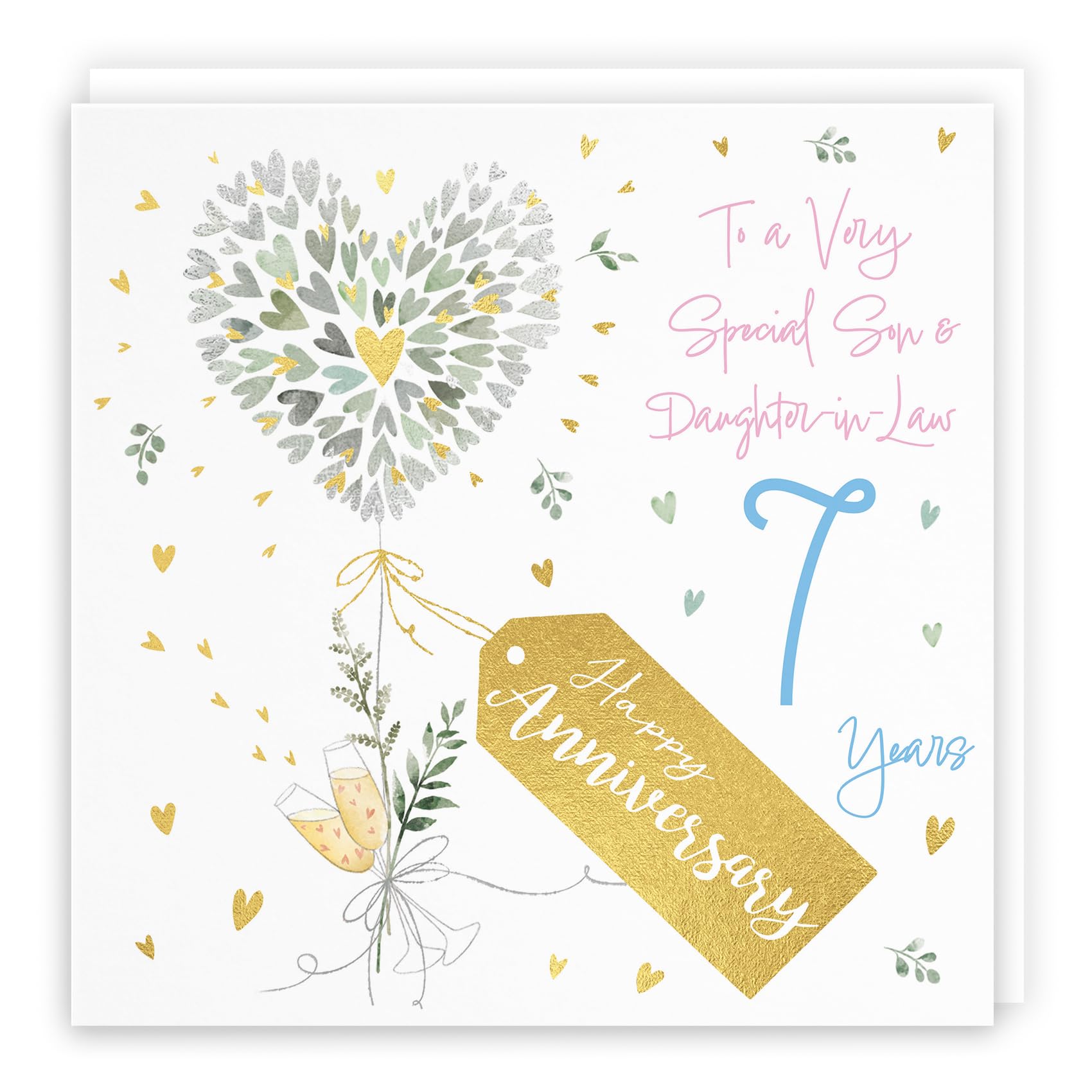 Hunts England - Son And Daughter-in-Law 7th Anniversary Card - 7 Years - Contemporary Hearts - Gold Foil - 7th Wedding Anniversary Card For Son And Daughter In Law - Milo's Gallery