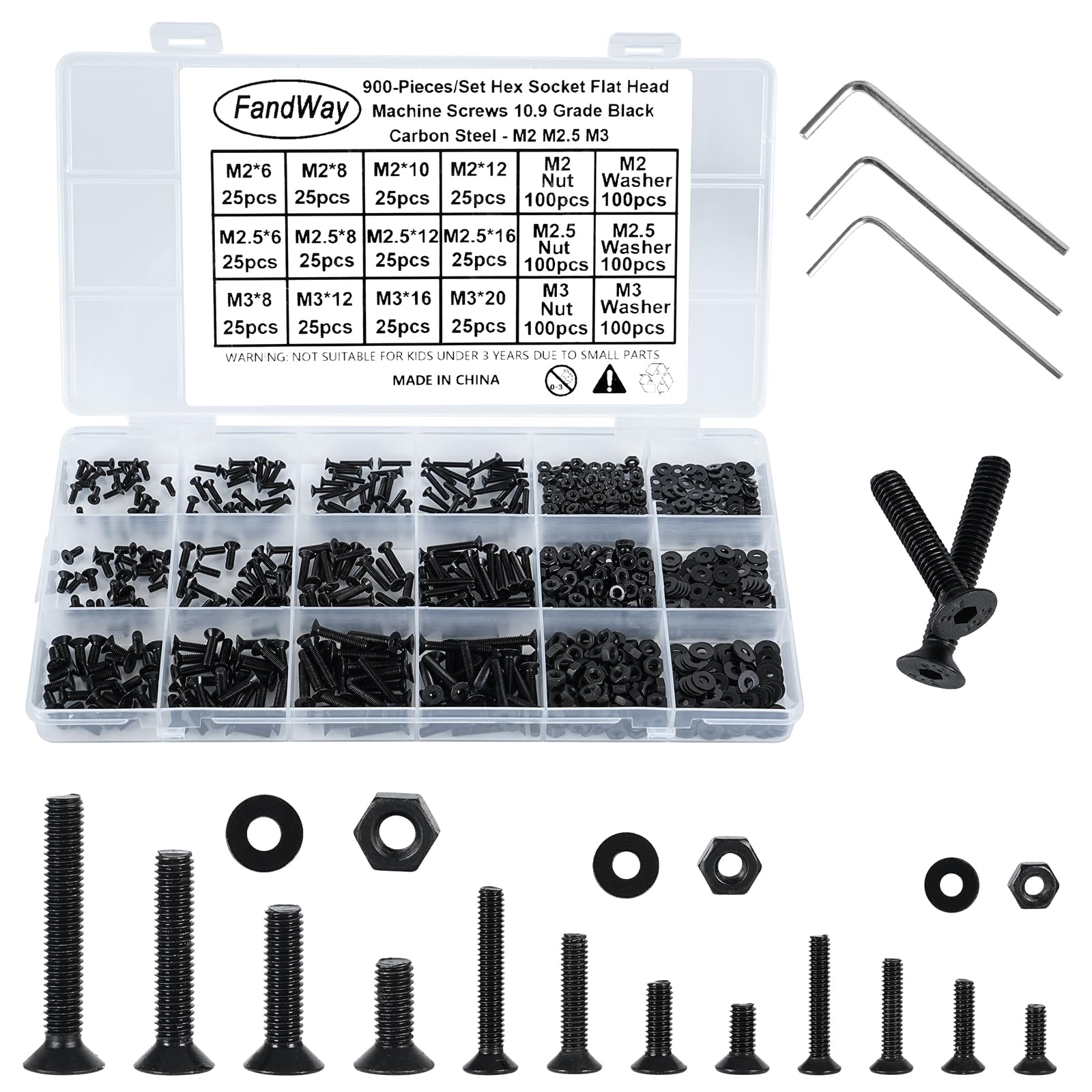 FandWay 900Pcs Bolts and Nuts Set,M2 M2.5 M3 Countersunk Machine Screws,DIN 7991 Allen Screws,Flat Head Black Bolts and Washers Set 10.9 Grade Alloy Steel Fully Threaded With 3 Allen Key. — image 1