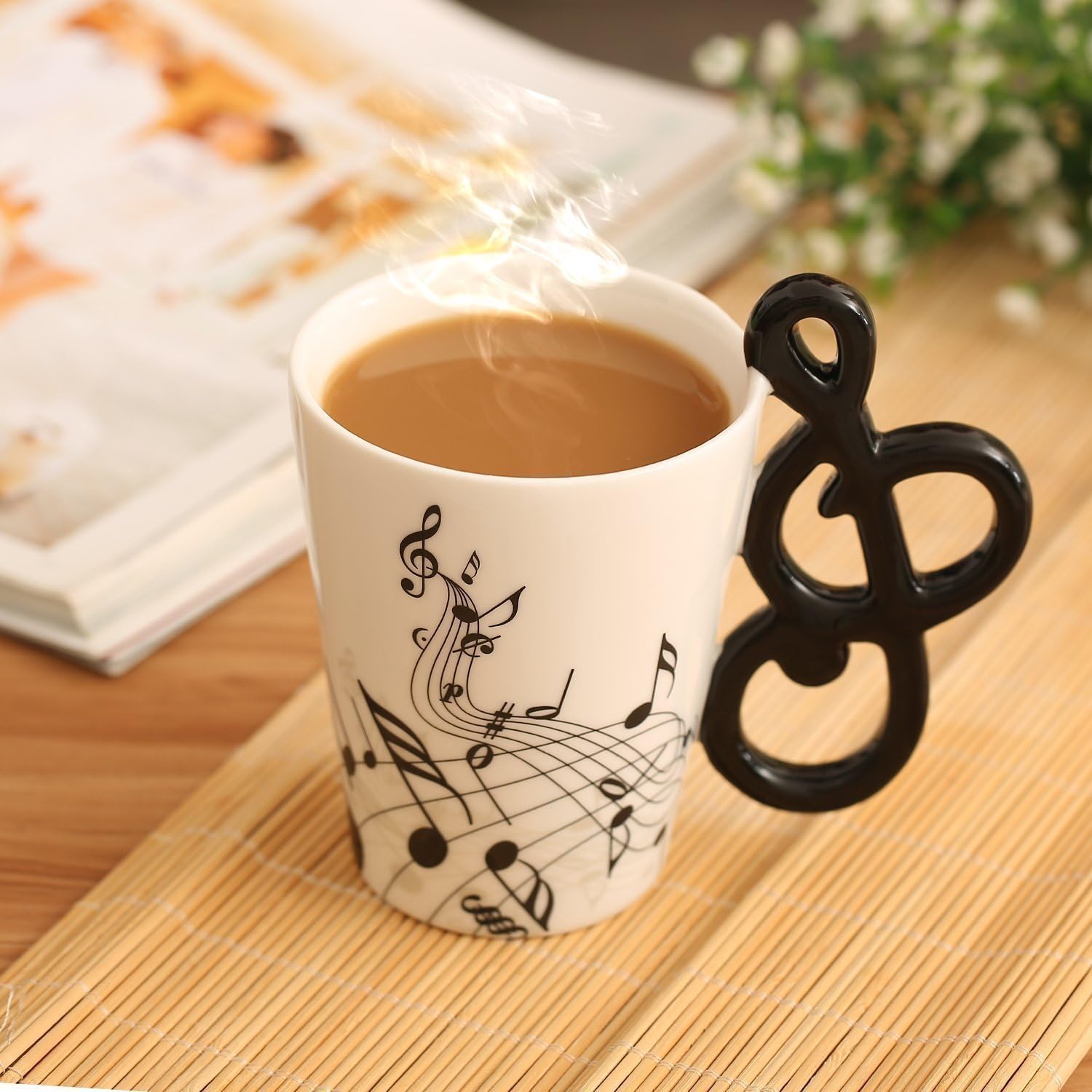 Novelty 3D Handle Music Mug Unique Art Tea Coffee Milk Ceramic Mug Cup 12 oz Best Gift,Black