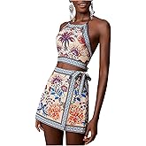 MakeMeChic Women's Boho 2 Piece Outfit Halter Backless Crop Tops and Wrap Skirt Skorts Travel Vacation Summer Set