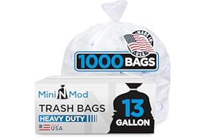 MINI N MOD Clear 13 Gallon Trash Bags – Bulk 1000 Count – Tall Kitchen Garbage Bags – 13 Gal Unscented Plastic Can Liners for Bathroom, Office, Janitorial, Commercial, Industrial, Municipal – Drawstring-Free