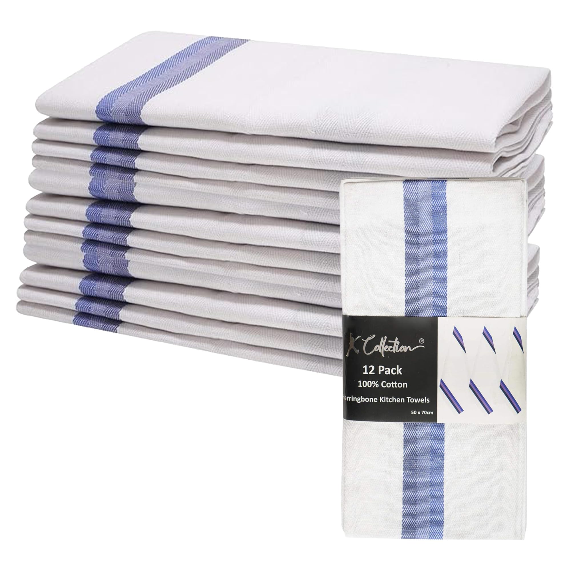 K Collection 12 Pack Kitchen Towels - 100% Pure Cotton Classic Herringbone Weave - Large Size (50 x 70cm) - Absorbent, Lint Free, Restaurant Bar Glass Kitchen Cloths Dish Tea Towel - (Blue Pack)