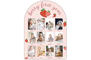SIXEIGHT One Year of Wood Photo Board, My First Year Milestone Photo Board, 12 Monthly Baby Picture Frame, Strawberry Berry Nursery Decor, Girl Boy 1st Birthday Decorations, Baby Keepsake Gift-A17