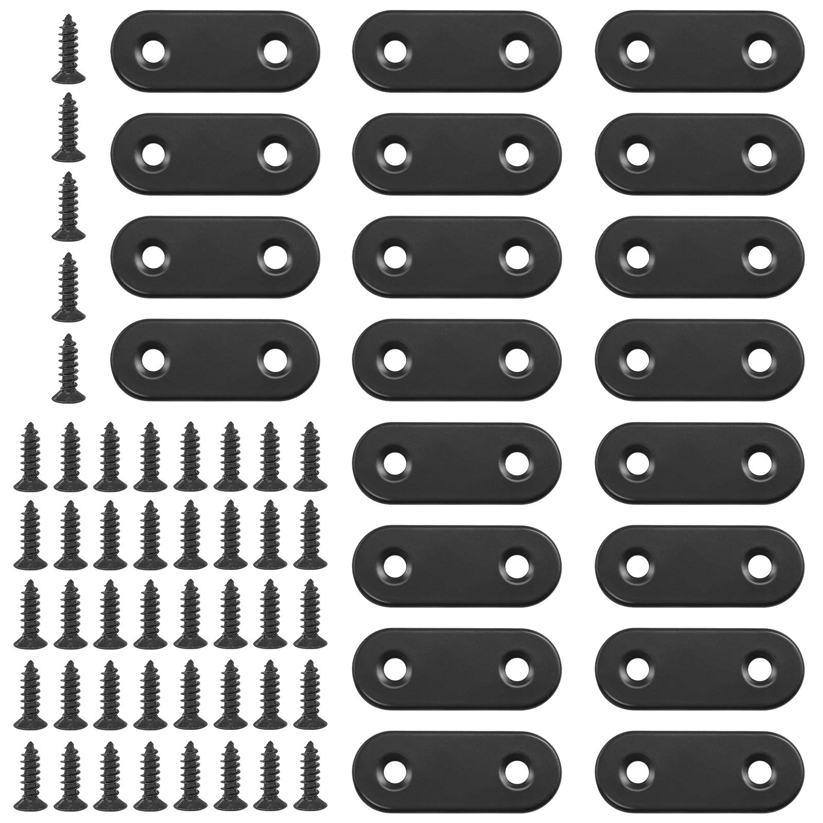 Glarks 20 Sets 40mm Flat Straight Corner Brace Black Metal Joint Plate Connector Repair Fixing Bracket with 45Pcs Screws for Wood Furniture (40x2mm)
