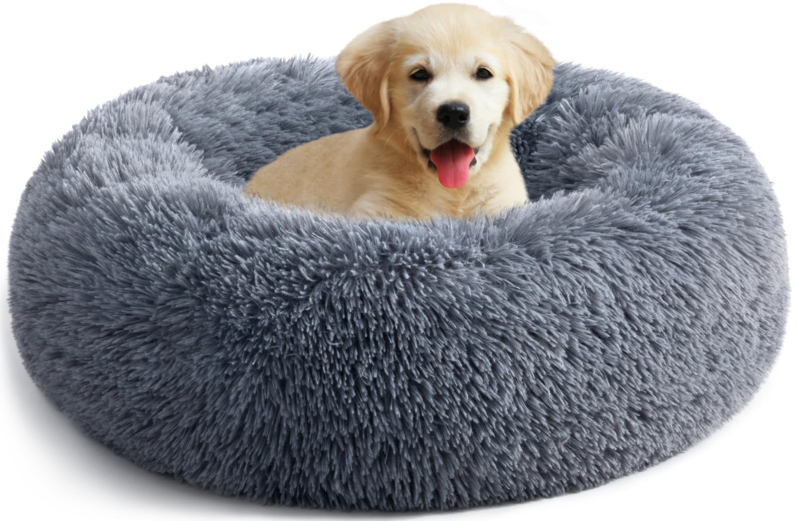 YOJOGEE Calming Donut Dog Bed for Medium Small Dogs Cats, Fluffy Anti AnXiety Dog Beds Washable Puppy Bed Non-Slip Plush Cuddler Warming Round FauX Fur Pet Bed,Dark Grey,60*60cm — image 1