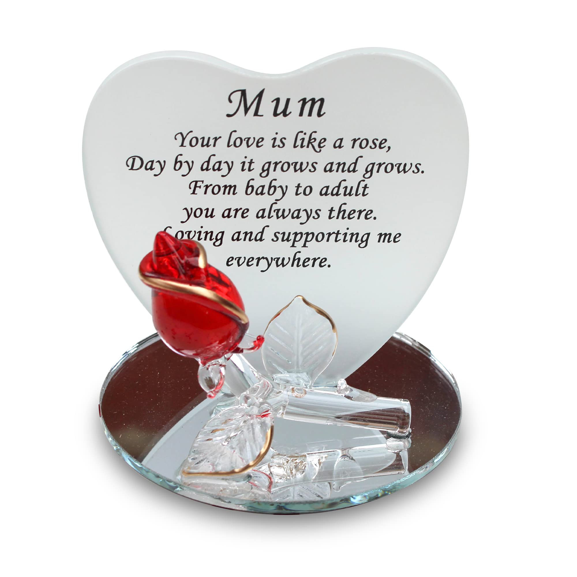 Frosted Glass Heart shaped Plaque with heartfelt moving verse for Mum | Unique gift for your mother | Includes red glass rose with gold edging on a mirror plinth | Gift Boxed with matching ribbon