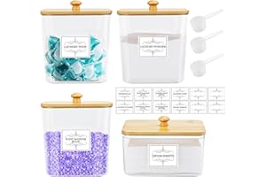 DOBUR 4PCS Laundry Pods Container, Clear Laundry Room Organization and Storage with Bamboo Lids, 3 Premium Scoops & Labels – Ideal for Scent Booster Beads, Dryer Balls, Sheets & Powder (6'')