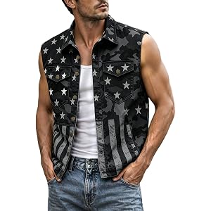 Men's American Flag Denim Vest Patriotic 4th of July Shirts Vest for Men Button up Retro Sleeveless Jean Jacket