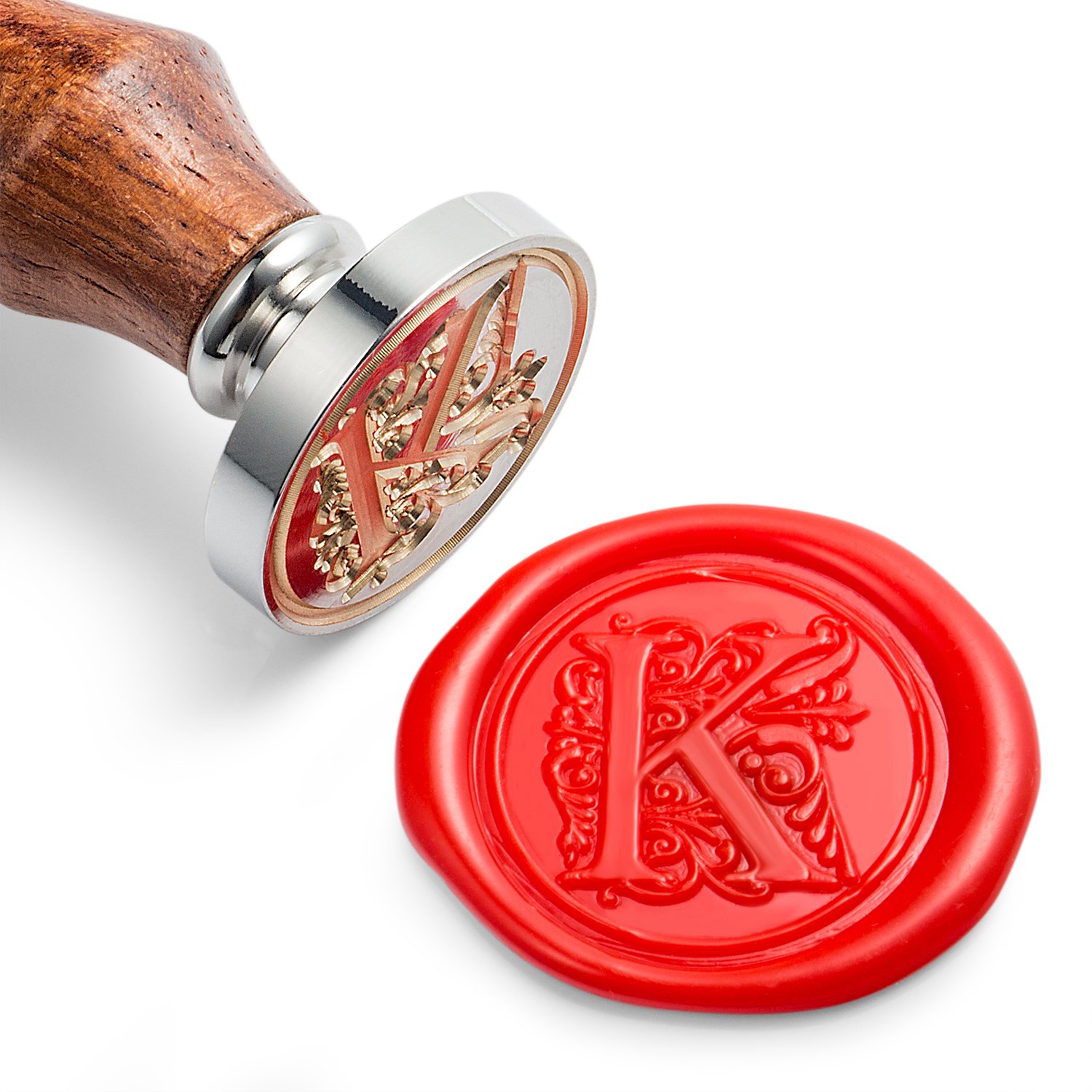 Mceal Wax Seal Stamp, Silver Brass Head with Wooden Handle, Regal Letter A to Z Series(Letter K)