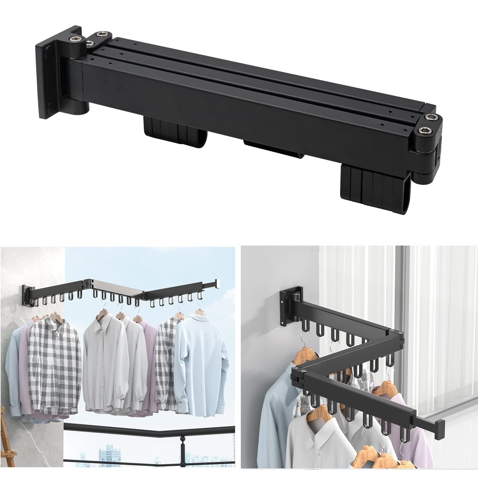 MUYIRTED Clothes Drying Rack Wall Mounted, 128cm Airers Clothes Foldable, Heavy Duty Laundry Drying Rack, For Indoor And Outdoor, Small, Black, Space-Saving