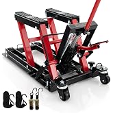Goplus Motorcycle Lift, 15000 LBS Hydraulic ATV Scissor Jack with Footplates &amp; Long Handle, 2 Ratchet Belts, 4 Wheels, 4.7&rdquo;-15&rdquo; Lifting Range, Motorcycle Jack Stand for Dirt Bike, UTV