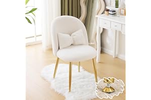 VINGLI Boucle Girls Vanity Chair with Back & Pillow,Cute Small Cozy Desk Chair No Wheels,Comfy Makeup Ch with Ajustable Gold Legs,for Bedroom,Living Room,Small Space,White