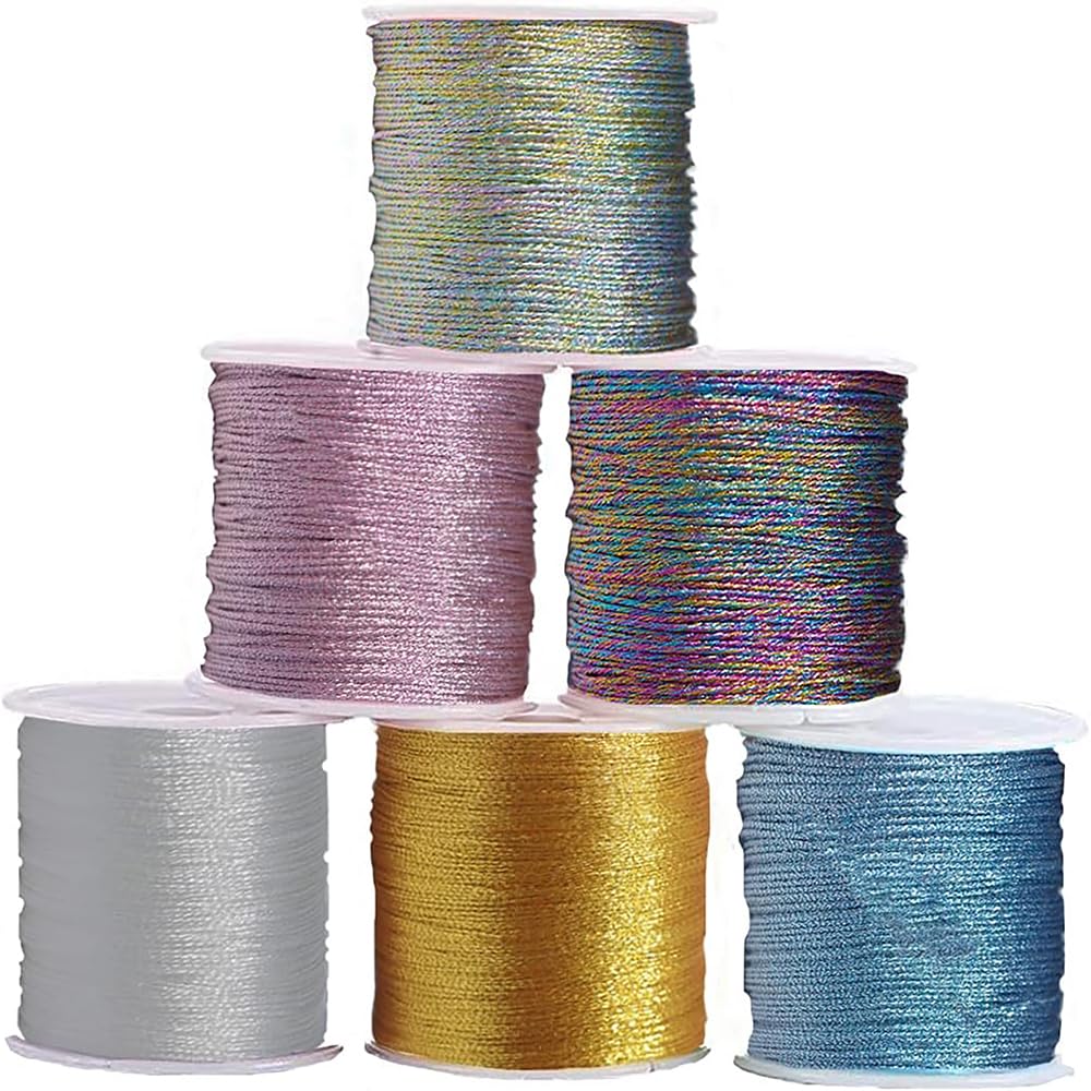 6 Rolls Metallic Cords,Bracelet Making Cord,DIY Hand Woven Line,Wire for Jewellery Bracelets Cord,Beading,Necklaces Making,DIY Craft,0.6mm*34m,Thread Cord with 6 Mixed Color