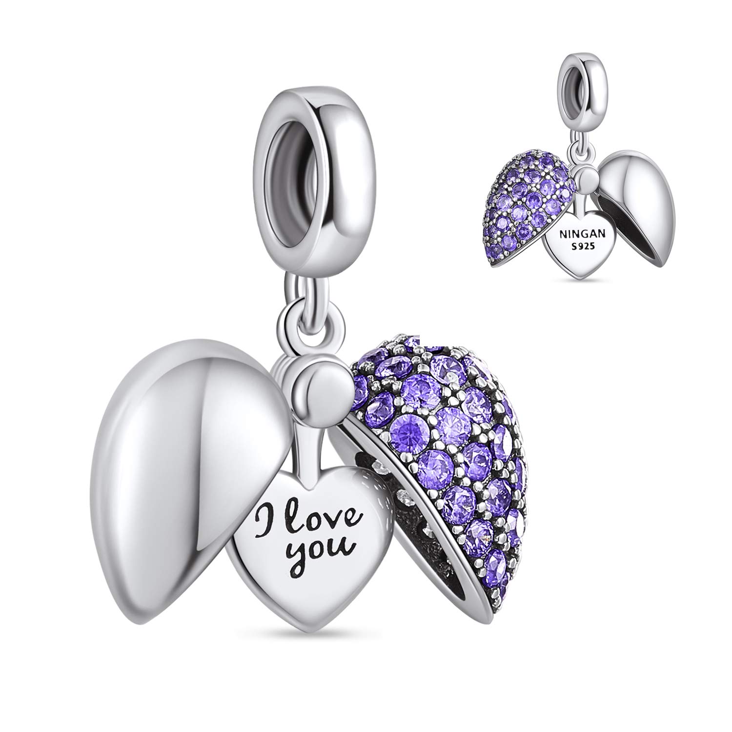 NINGAN Love Heart Charm Engraved Family Collection Beads - Authenic S925 Sterling Silver Bead Charms with Cubic Zirconia Charms Fit Bracelets and Necklaces