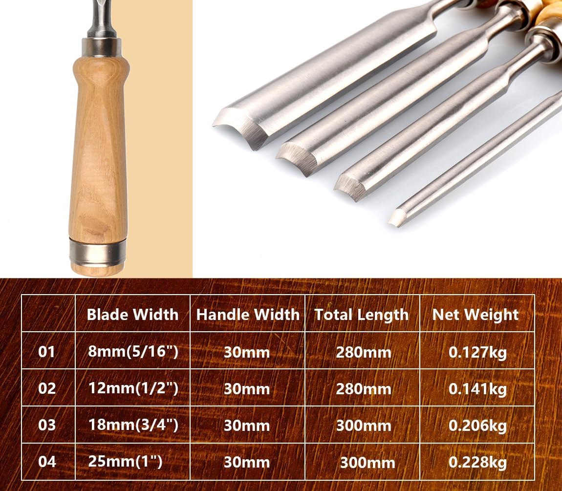 ATOPLEE 4 Pieces Wood Chisel Set for Woodworking, Professional Wood Chisel Tool Carpenter Gouge CR-V Steel Semi-Circular Edge Sharp Blade 8mm(5/16