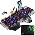 Wireless Gaming Keyboard and Mouse Combo with Rainbow LED Backlit Rechargeable 4800mAh Battery Metal Panel Mechanical Ergonomic Waterproof Dustproof 7Color Mute Mice for Computer PC Mac Gamer (Purple)