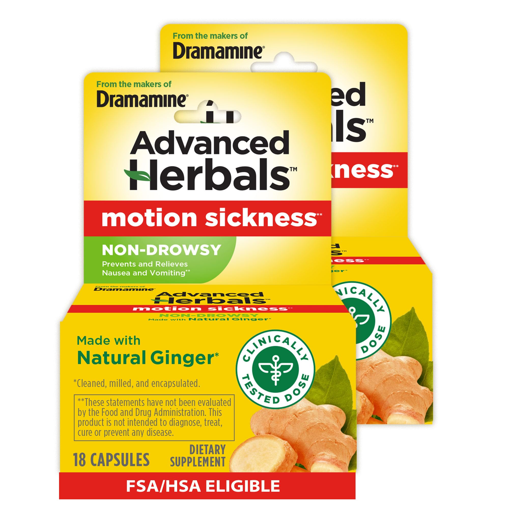 View 1 of ***Factory seal***
From the Makers of Dramamine, Advanced Herbals, Non-Drowsy, Motion Sickness Relief, Made with Natural Ginger, 18 Count, 2 Pack