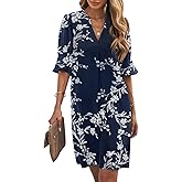 Wkior Shift Dress for Women V Neck Short Sleeves Solid Color Casual Flowy Summer Dresses(S-2XL)