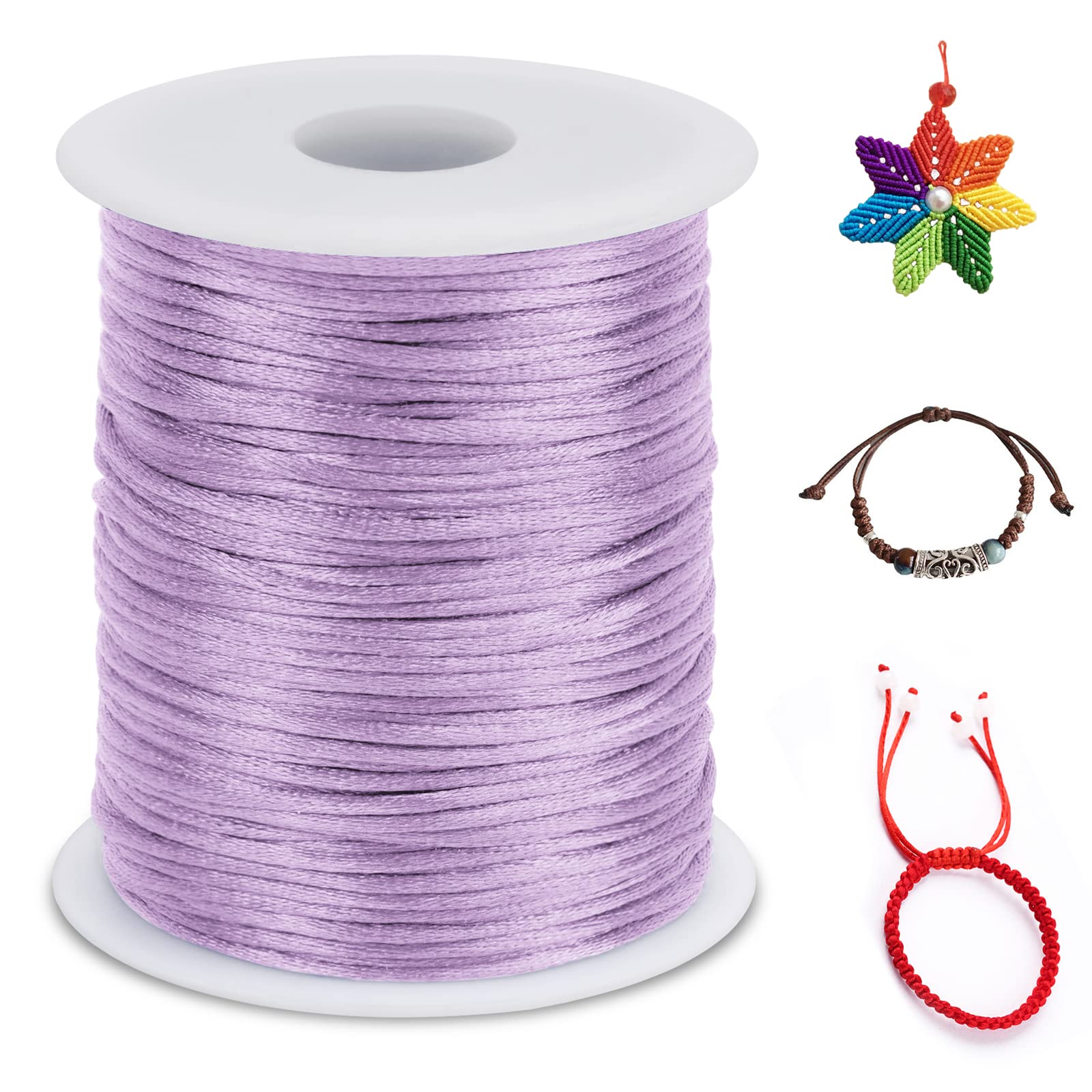LEREATI Nylon Cord 2mm x 100m, Satin Cord Nylon String Macrame Cord, Coloured Beading Thread String for Making Bracelet, Necklace, Chinese Knot, Jewellery (Light Purple)