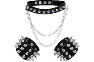 hoyuwak 3Pcs Leather Spike Choker Studded Bracelet Cuffs Set Gothic Rivet Collar Wristbands Puck Accessories for Men Women Rock