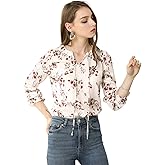 Allegra K Women's Ruffed Neck Long Sleeve Tie Neck Keyhole Front Chiffon Floral Blouse