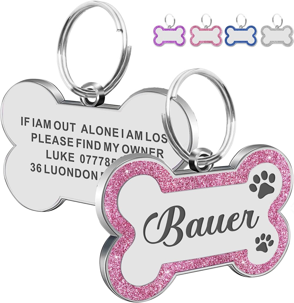 EDSG Personalised Dog Tag Pink Bone Stainless Steel Engraved ID Tag UK