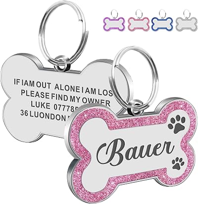 EDSG Personalised Dog Tag Pink Bone Stainless Steel Engraved ID Tag UK