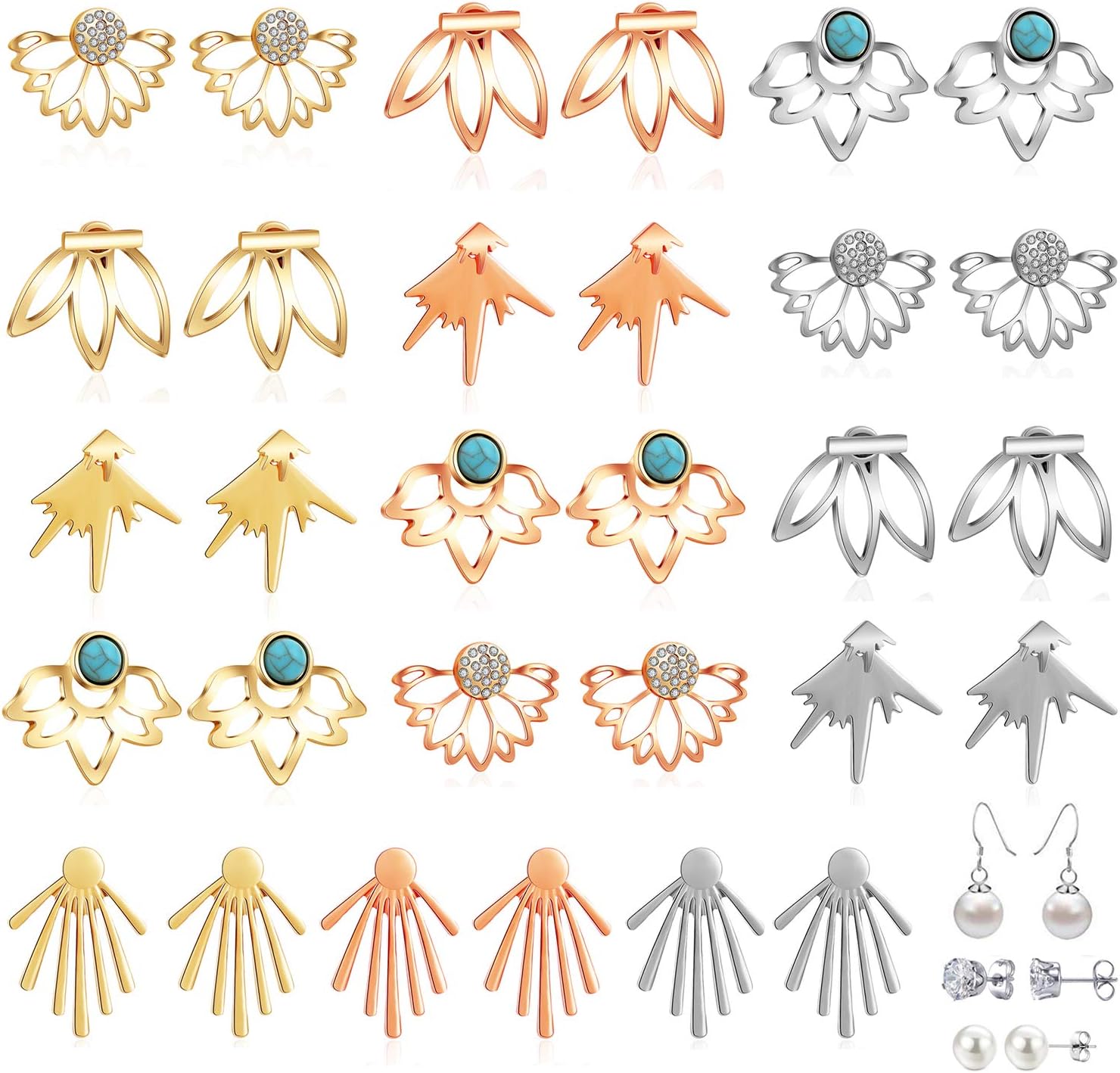 18 Pairs Multiple Dainty Lotus Flower Ear Jacket Earrings-Minimalism CZ Bar Turquoise Studs-White Rose Gold Plated Statement Chic Fashion Stud Earring Set for Teens Girl Women