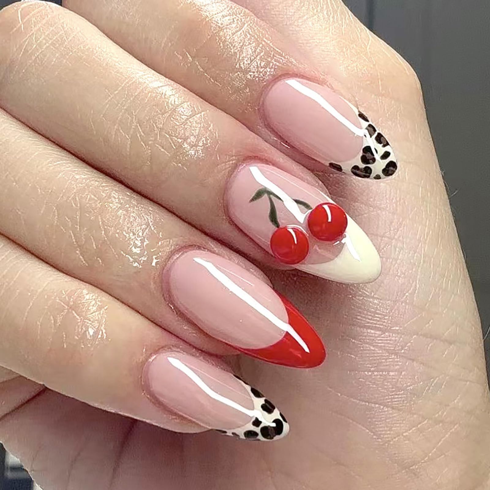 Photo 1 of ***Mix****
BQZQPAMZ 3D cherry medium almond false nails yellow red french tip press on nails leopard print french artificial fingernails summer acrylic nails for women cute cherry manicure decoration